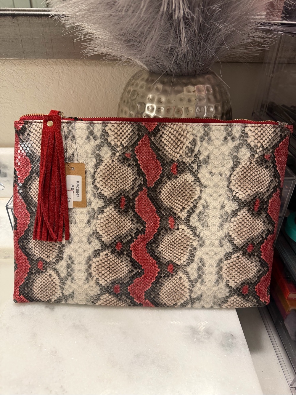 Snake-Print Red & Beige Tassel Zip Pouch